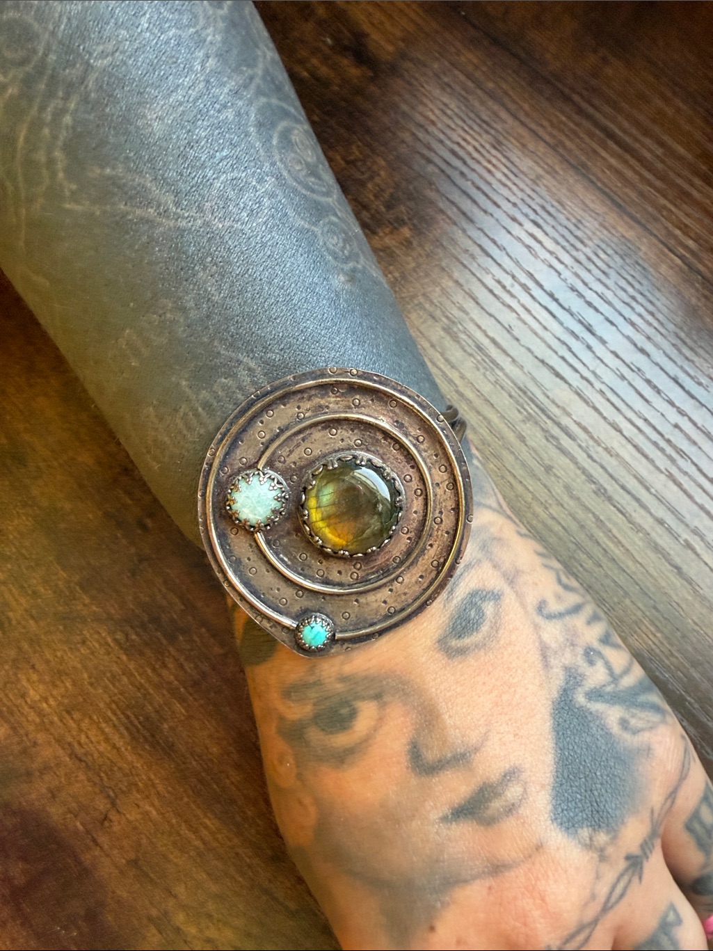 Sterling Silver Planet Universe Cuff With Amber & Turquoise Stones Labradorite